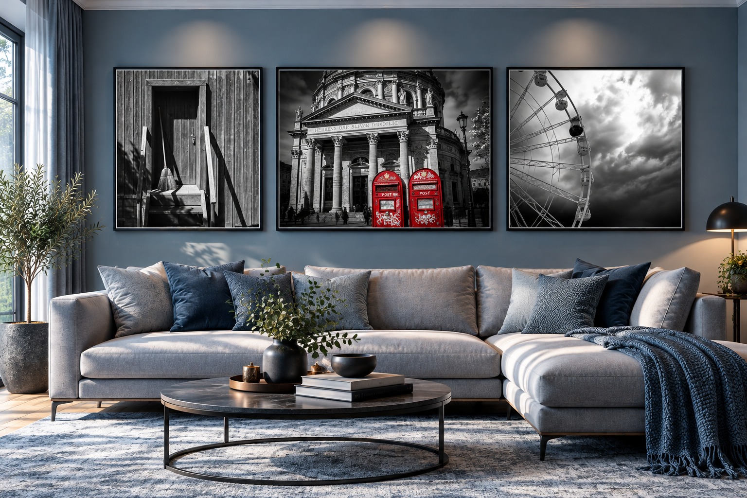 Living room with three photographic canvas prints by Alin Bratu displayed above a sofa